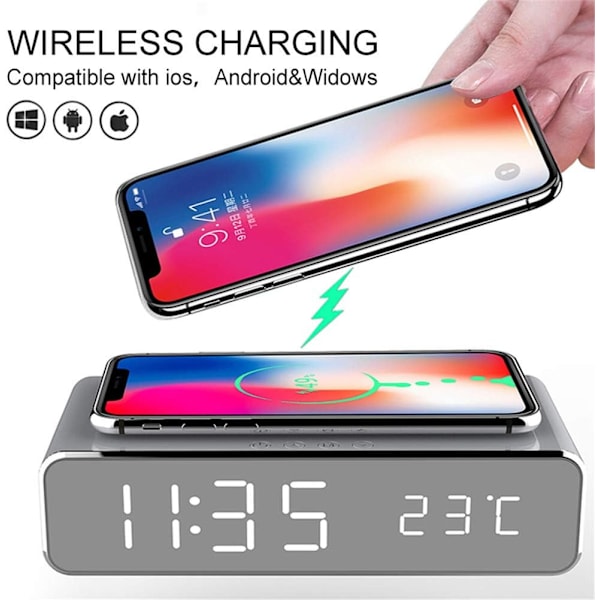 2-i-1 LED-väckarklocka med Qi-laddare och termometer för iPhone Xs Max, Xs, Xr, X, 8, 8 Plus, Samsung Galaxy S9, S9 Plus och alla Qi-enheter med