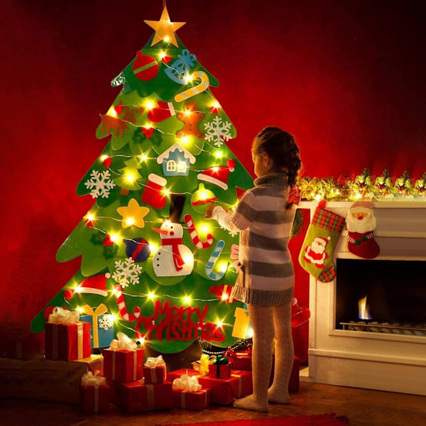 Filt Julgran med ljusslinga 50 LED 32 Konstgjorda Julgransdekorationer Barnleksaker DIY Avtagbar Vägghängande Julgransdekoration Fönster