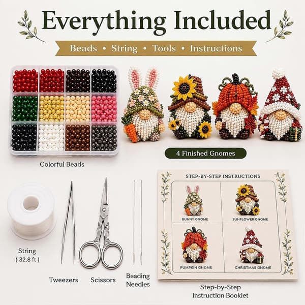 3D Beaded Gnome Craft Kit, DIY Handmade Bead Art Kit for Kids, Teens & Adults, Beginner-Friendly Craft Activity with Complete Materials & Ins C