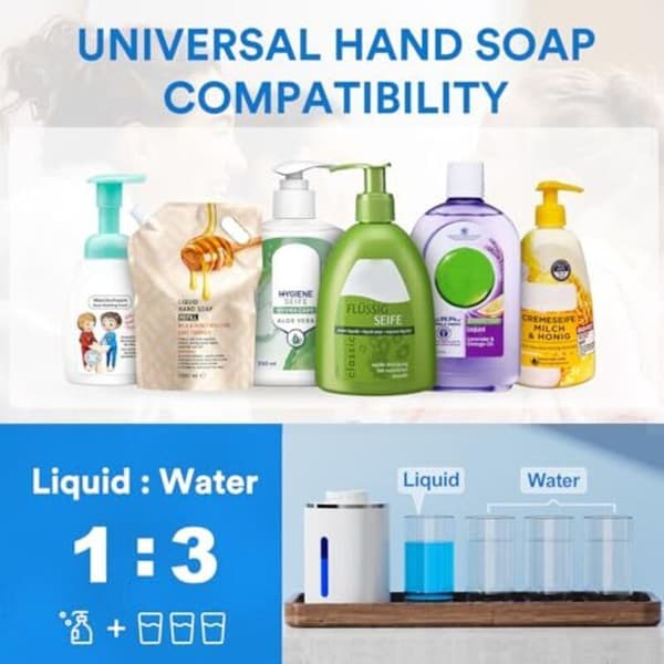 Automatic Soap Dispenser with Digital Display, Touchless Wall Mount, Electric, 380ml, with Sensor, USB Rechargeable, for Bathroom and Kitchen, White