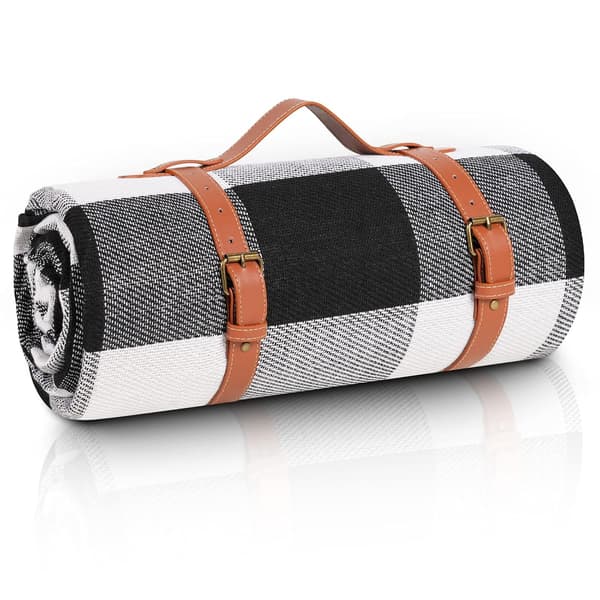 Ekstra stort piknikteppe, vanntett og sammenleggbart strandteppe, for camping, park, strand, gress, innendørs Black & White Grids