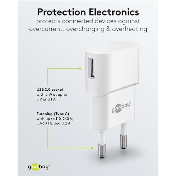 Väggladdare 1 x USB-A port, 1A, slim, vit, Goobay 44948 vit