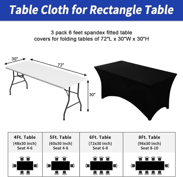 3-pack Black Tablecloth for 6FT Rectangular Tables Rectangular Tablecloths Stretch Spandex Fitted Table Covers 6FT for Parties Trade Shows Banquet