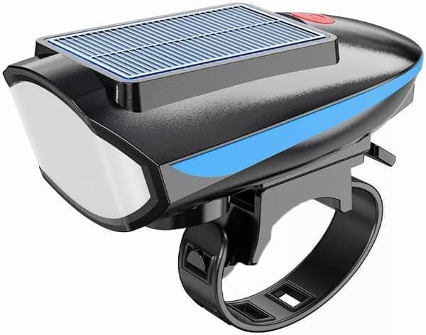 Solar Bicycle Light with Horn - 120dB Alarm & 80m Range - 3 Light Modes + 5 Sound Modes - USB/Solar Rechargeable - IPX4 Waterproof - For MTB/E-bike