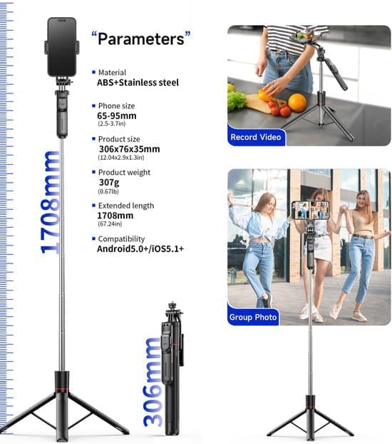 Stativ telefonstativ smartphone-stativ med lys - 67-tommer foldbart teleskopisk Bluetooth selfie-stick stativ/monopod - med dobbelte LED-lys