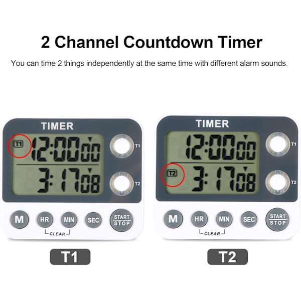 Digital Kök Timer Magnetisk Stor Skärm Nedräkningstimer Klocka 2 Kanal Grupper 99 Timmar