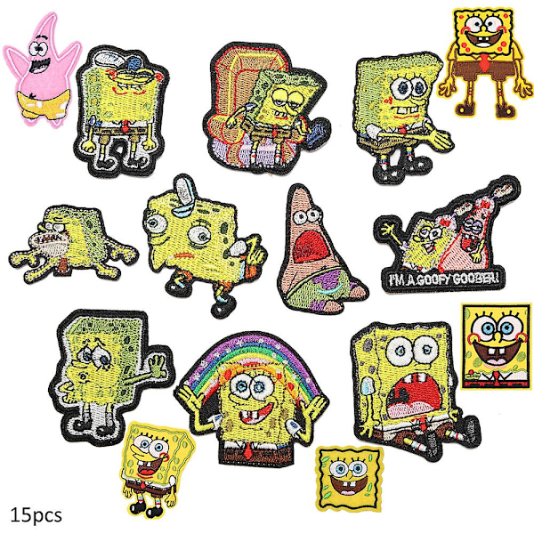 15 st Spongebob Squarepants-tema Broderade Strykjärnspåsar, DIY Sy Applikationslapp, Sy På/Strykjärnspås för Jeans, Byxor, Kläder, Jacka,