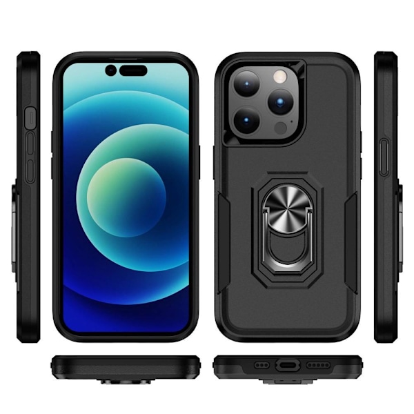 iPhone 14 Pro Max Hybrid skal med Finger Ring & Metall Plåt - Sv Svart