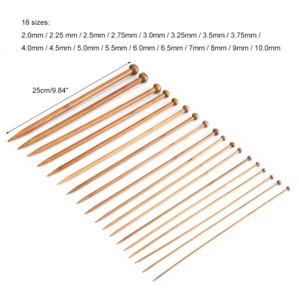 Stickset i bambu, spetsiga kolspetsade stickor i 18 storlekar (2 mm till 10 mm)