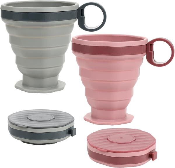 Förslutningsbar Drickskopp – Hopfällbar Silikon – 220 ml – 2-pack (Rosa/Grå)