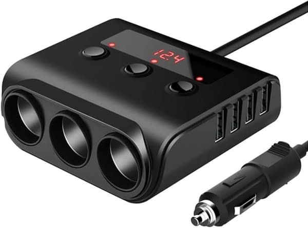 Cigarettænder Splitter + 12V USB Biloplader med Afbryder og Voltmeter – 3x Cigarettestik – 4x USB – Biltilbehør