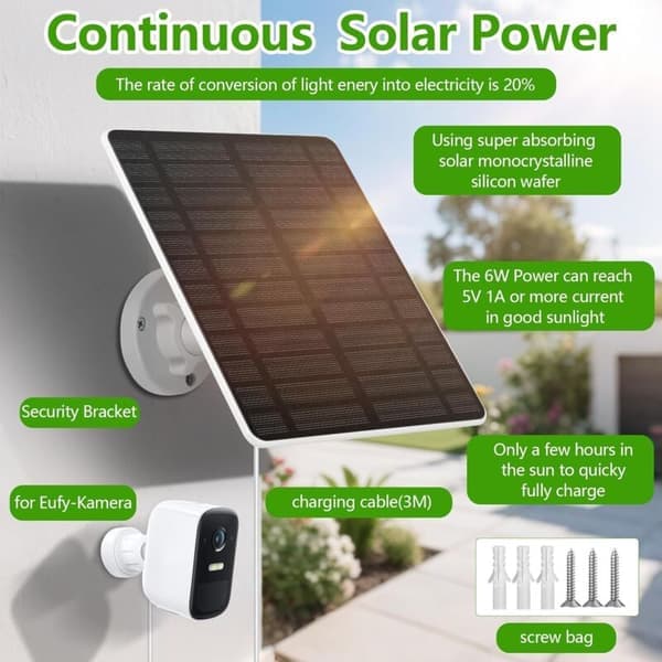 Eufy GuKKK 5W solpanel för kamera, 5V solpanel med USB-C-port, Micro USB-adapter, IP65 vattentät