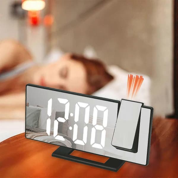 Projection Alarm Clock for Bedroom, LED Digital Clock Projected on Ceiling Wall, 180° Projector and Dimmer, Mirror Design, Snooze, 3-Speed