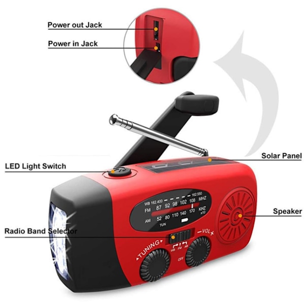 HOT Nöd Sol Handvev AM FM Väderradio LED Ljus USB Laddare Utomhus