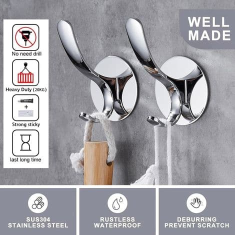 Clothes Hook, Wall Mounted Towel Hook, Stainless Steel, Silver, 2-pack