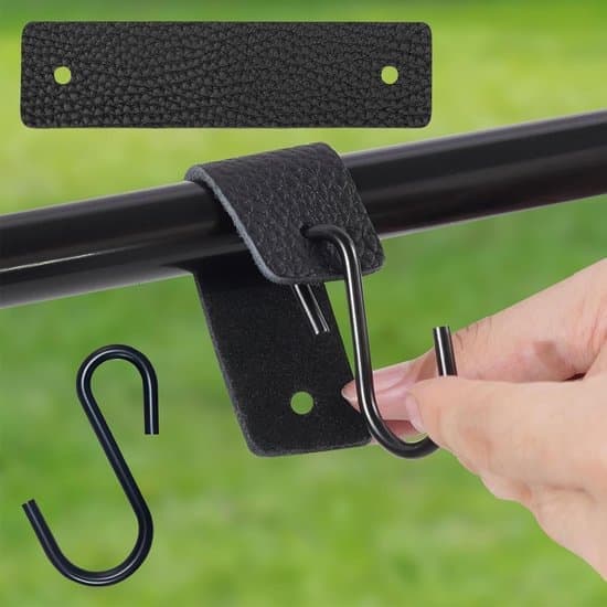 S-Hooks (Set of 8) - Black Hanging Hooks Clothes Hooks with Leather Loop - For Clothes Hangers Clothes Rails Kitchen and Bathroom