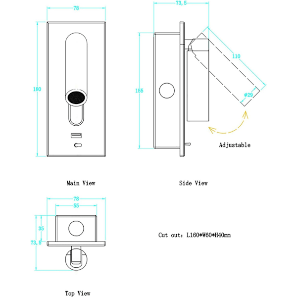 Läslampa LED sänggavellampa dold switch sänglampa, USB infälld vägg sänglampa läslampa, vägglampa skans, 350° 90° justerbar