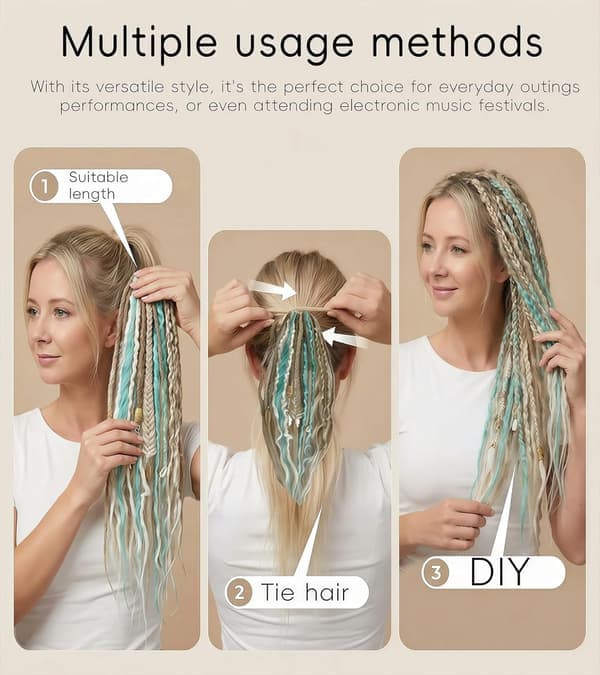 Elastisk Dread Ponytail, med Hårsnöre, Boho Flätad Ponytail Extension, med Pärlor, Snäckor och Berlocker, Handflätad Lång Dreadlock Ponytail