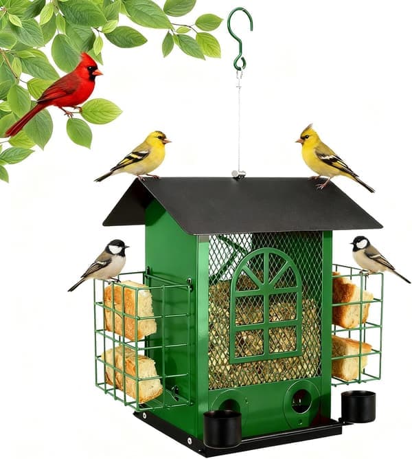 Outdoor Metal Bird Feeder Large Capacity Premium Wild Bird Feeder (Includes Bread Compartment) Metal Mesh Design Multi-Compartment Storage Green