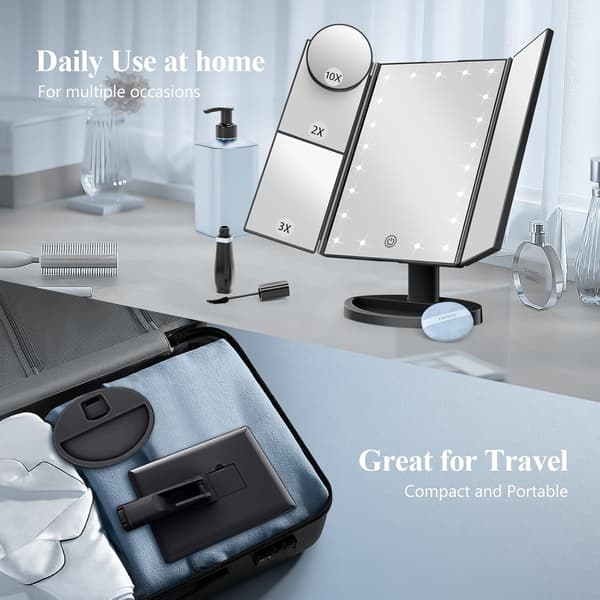 A makeup mirror with built-in light with 2x, 3x, and 10x magnification, touch controls, a tri-fold design, and dual power supplies. Black