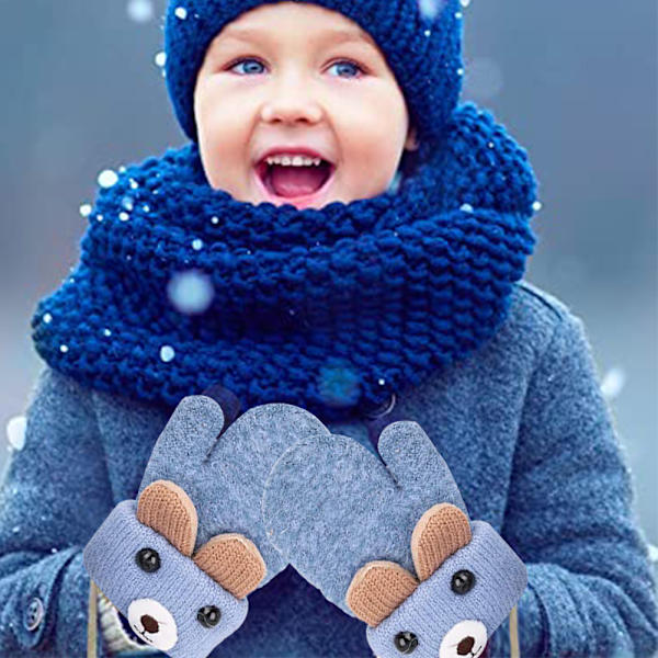 Toddler Baby Knit Mittens, Vinter Varma Fleece Fodrade Djur Full Finger Snow Ski Handskar med String blå