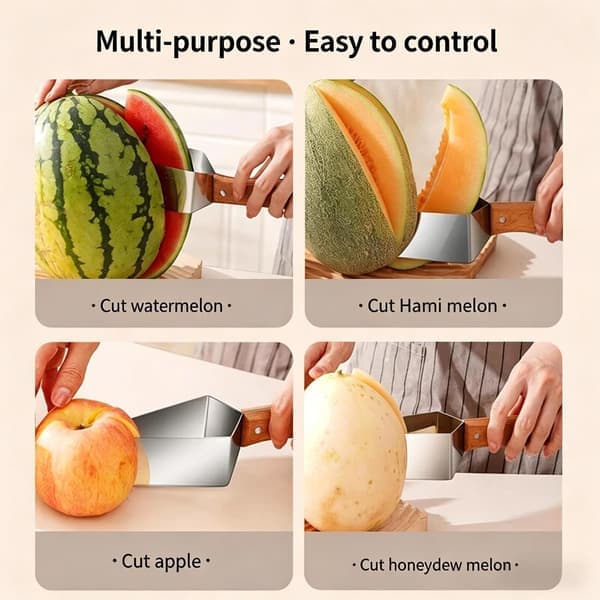 Stainless Steel Watermelon Slicer, Triangular Melon Splitter, Multifunctional Fruit Tool with Wooden Handle, Summer Kitchen Utensil