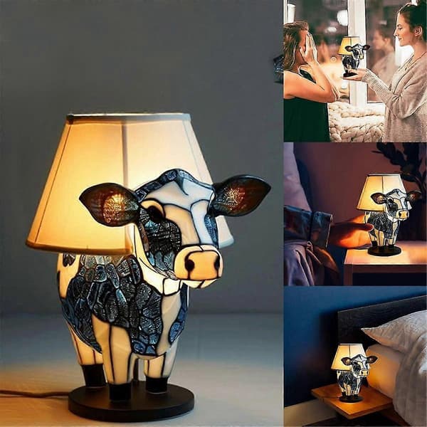 Bordlampe Dyr, Svart+Hvit Ku Sengelampe med USB-porter, Sengelampe for Stue Soverom As Shown