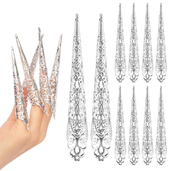 Nagelspetsar, kloformade ringar, knogskydd, Halloween cosplay, dans, guld.