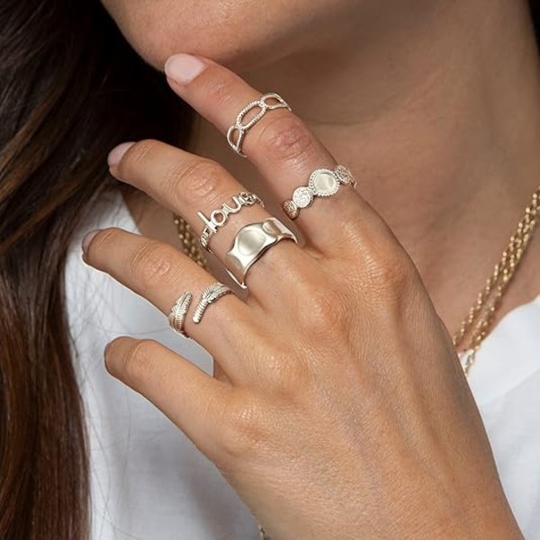 18K Silverpläterade ringar för kvinnor, rostfritt stål statement ringar pack staplingsbara boho midi ringar justerbara öppna ringband tvinnade silver