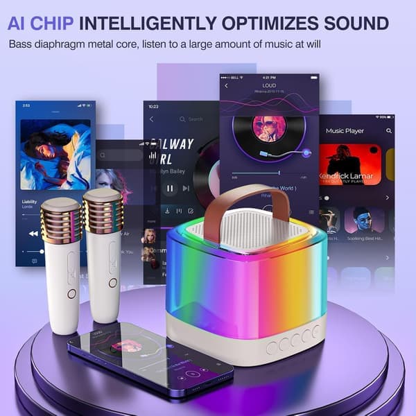 Mini Karaoke Machine with 2 Wireless Microphones Portable Bluetooth Speaker for Home Party Music Player