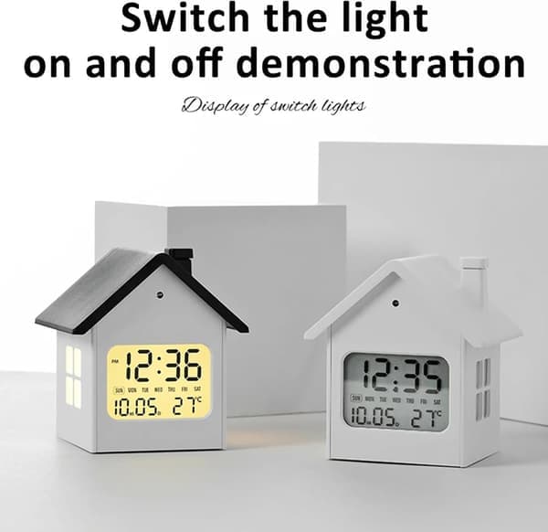 Digital Alarm Clock for Kids with Night Light - Cute House Shaped Silent Bedroom Clock, LCD Display with Temperature, Battery Operated