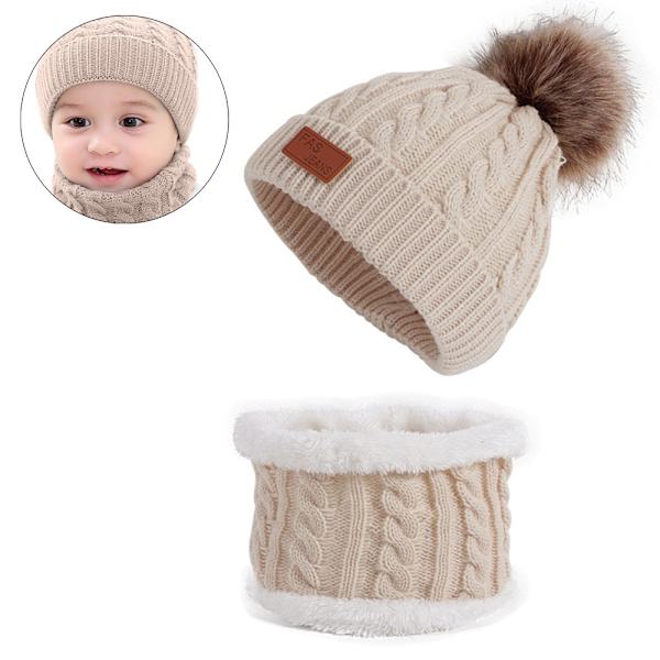 Barn Vintermössa och Halsduk Set 2-Delar för Pojkar och Flickor, Kall Snö Stickad Mössa med Fleece Foder beige