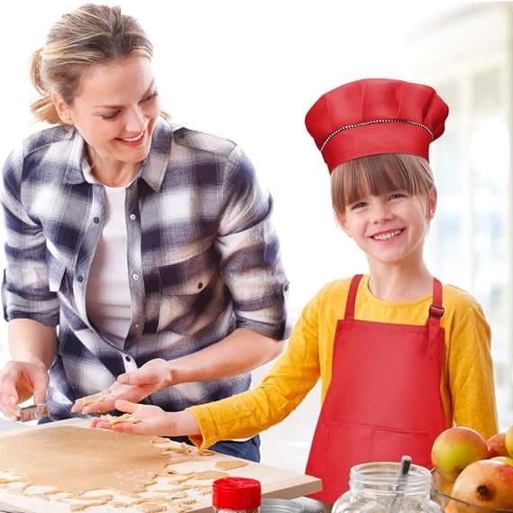 Forkle og kokkehattsett for barn, justerbart barneforkle med 2 lommer for gutter og jenter, for matlaging, baking, maling (7-13 år)