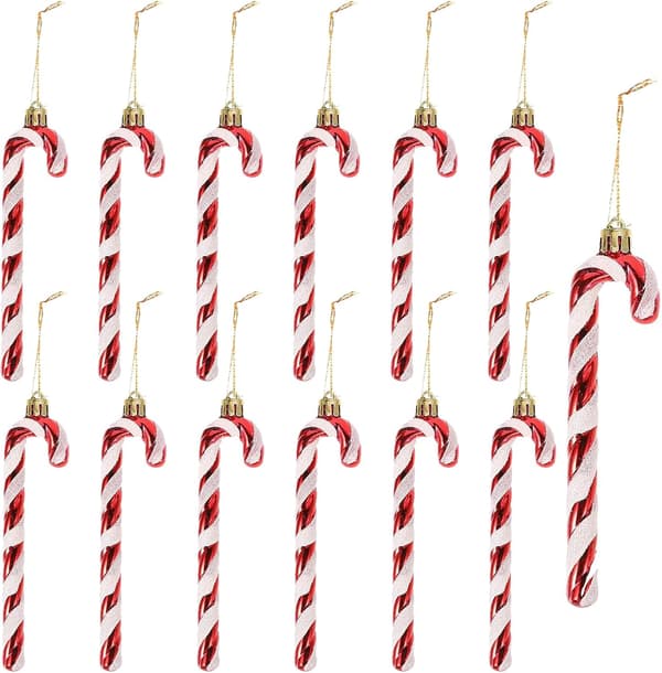 12 Shiny Candy Cane Christmas Tree Decorations Plastic Christmas Tree Ornaments Holiday Party Decorations (Red)