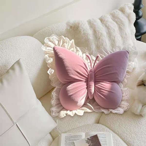 Sommerfugleformet pyntepude til sofa, seng, plys fløjl lændestøttepude til kontorstol og bilsæde (pink)
