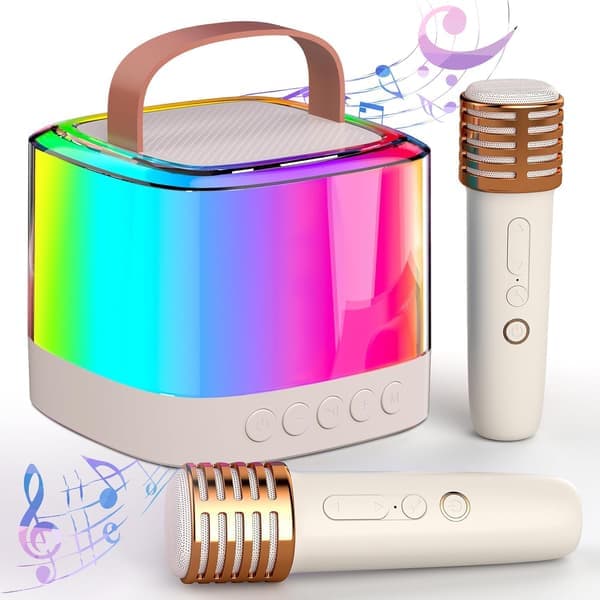Mini Karaoke Machine with 2 Wireless Microphones Portable Bluetooth Speaker for Home Party Music Player