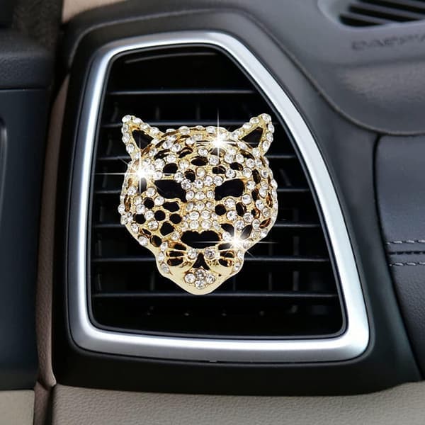 2 stk. Bling Leopard Luftudluftningsklemmer, Krystal Leopard Bil Luftfrisker Ventilationsklemmer Bil Diffuser Ventilationsklemme Rhinestone Dekoration Interiør (Gylden)