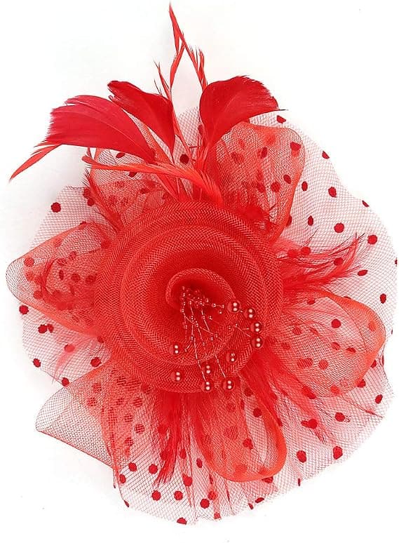 Fascinatorhat til kvinder, damer, bryllup, teselskab, flapper, pillboxhat, Ascot-løbshat, fjerblomst (rød)