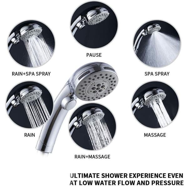 High-Pressure Shower Head with 6 Settings, On/Off Switch, and Spa Spray Mode - Handheld Shower Head - Shower Head with Hose - Chrome