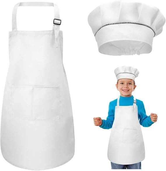 Forkle og kokkehattsett for barn, justerbart barneforkle med 2 lommer for gutter og jenter, for matlaging, baking, maling (7-13 år)