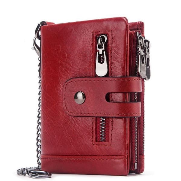 RFID Blocking Bi-fold Wallets for Men with Double Zipper, Coin Pocket and Anti-theft Chain