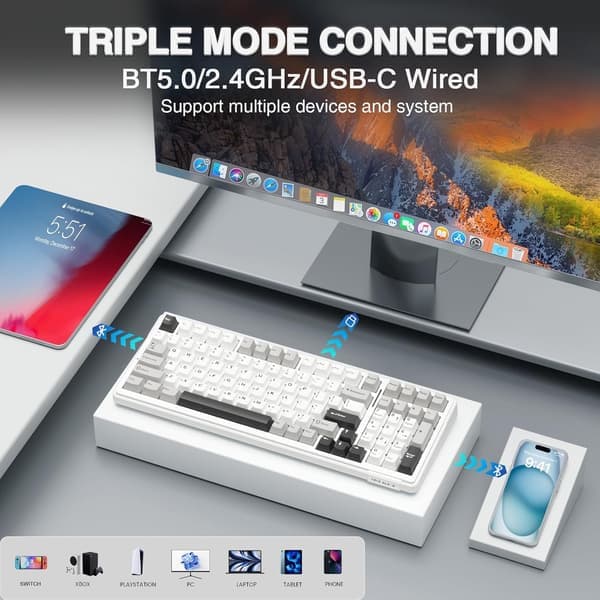 AULA F99 Wireless Mechanical Gaming Keyboard, Bluetooth/2.4 GHz/USB-C Tri-mode, Hot-Swap, RGB Backlight, PC/Tablet/PS/Xbox, Light Grey