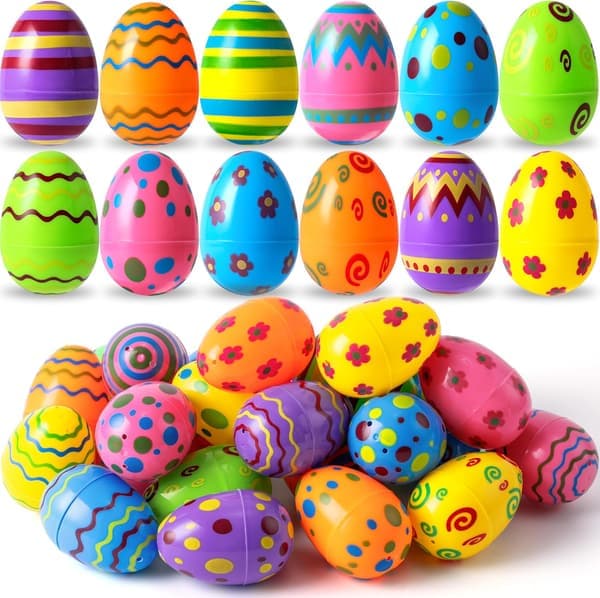 Toy 36 Pcs Plastic Printed Bright Easter Eggs Over 3 Inches Tall Fillable Empty Eggs in Bulk for Easter Hunt, Basket Stuffers, Classroom Prize
