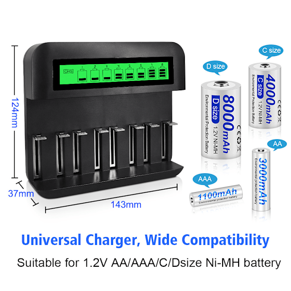 LCD Universal Batteriladdare - 8 Fack AA /AAA /C /D Batteriladdare för Uppladdningsbara