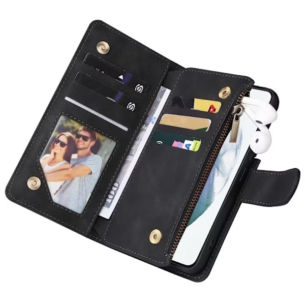 iPhone 13 - Multifunktionellt Plånboksfodral Zipper 8-Fack Svart Black