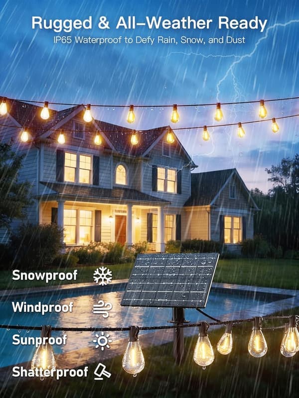 100FT Solar String Lights Outdoor Waterproof, 50LED Solar Powered Lights with Remote Control, 3 Lighting Modes & Dimmable, USB-C Charging for Patio, Backyard