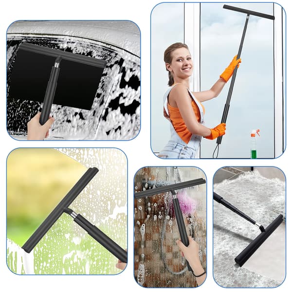 Improved Shower Squeegee with Removable and Extendable Handle - Glass and Tile Cleaner for Bathroom Doors and Walls Includes 2 Self-Adhesive Hangers