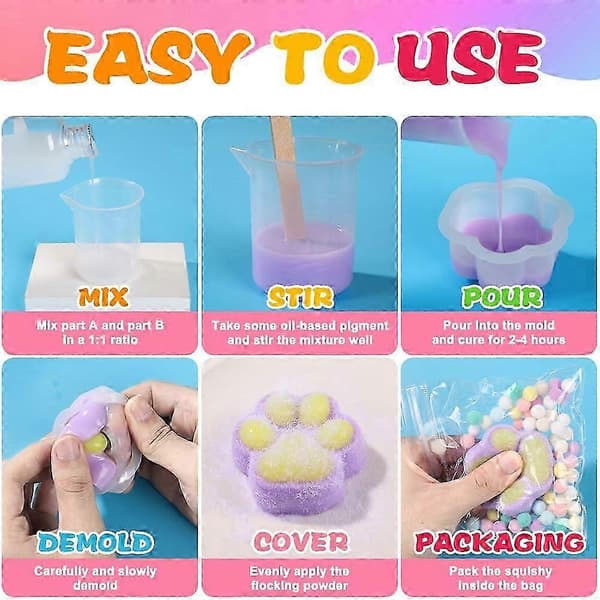 Gør-det-selv Squishy Håndværkssæt til Børn - 500 ml AB Flydende Silikone, 6 Genanvendelige Forme til Bløde Langsomt Stigende Kreationer