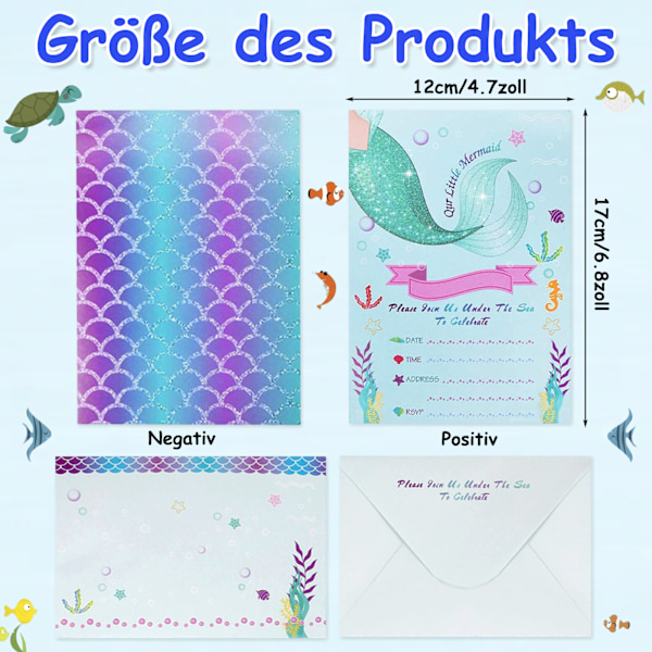 VULAVA 12x glitter INBJUDNINGSKORT för fester och barnfödelsedagar - färgglad sjöjungfrudesign är INBJUDAN för flickor pojkar barn för