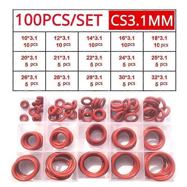 Röda Silikon O-ringar 250-100st O-ringar Röd Silikon VMQ Tätning Tätnings O-ringar Silikonbricka Gummi O-ring Sortimentslåda Set röd 3.1mm (1set)